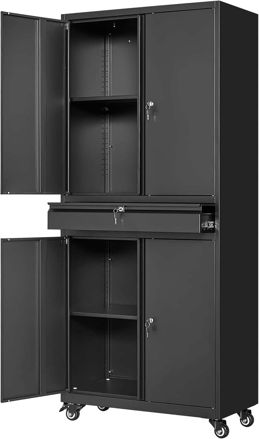 Yizosh Metal Garage Storage Cabinet - Locking Doors & Adjustable Shelves | 73" Rolling Tool Cabinet (Black)