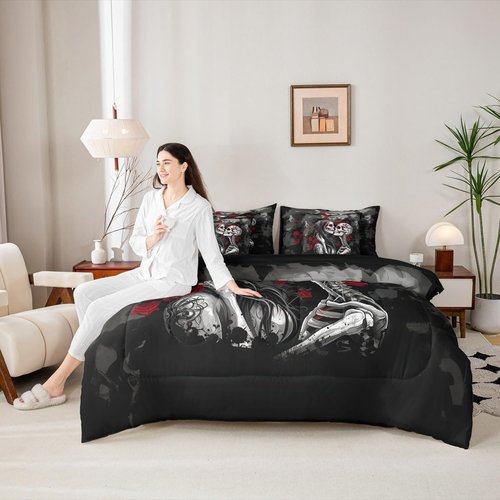 Erosebridal Valentine Gothic Skull Couple Queen Comforter Set with Sheets 7 Piece Red Rose Valentine Day Skeleton Bones Bed in A Bag Sugar Skull Bedding Sets for Kids Adults,Goth Halloween Bed Set