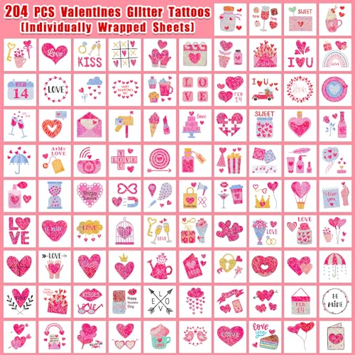 Partywind Glitter Valentine's Day Temporary Tattoos for Kids, 204 Sheets