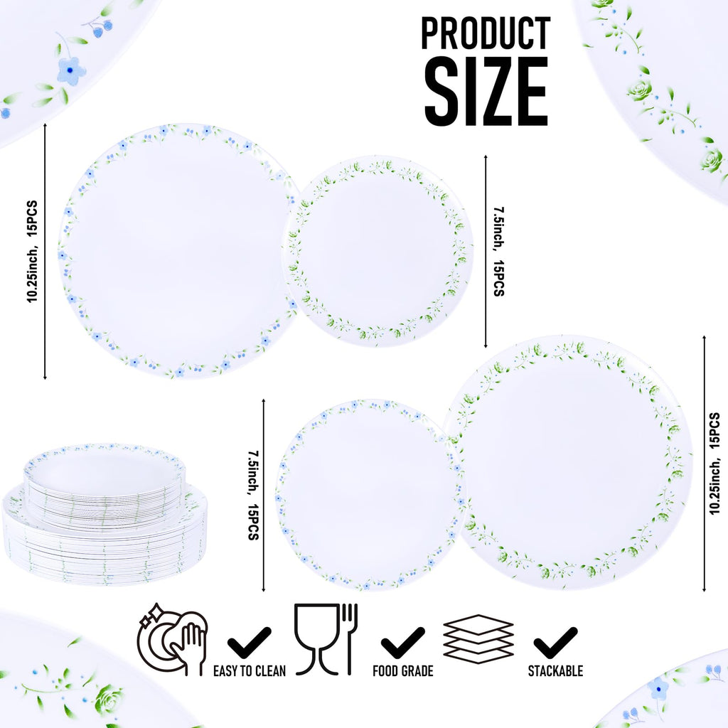 YOUBET 60PCS Floral Plastic Plates - Disposable Decorative Plates Set for 30 Guests - Blue and Green Floral Plate - Spring Plastic Dishes Dinnerware Sets for Tea Party & Wedding & Bridal Shower