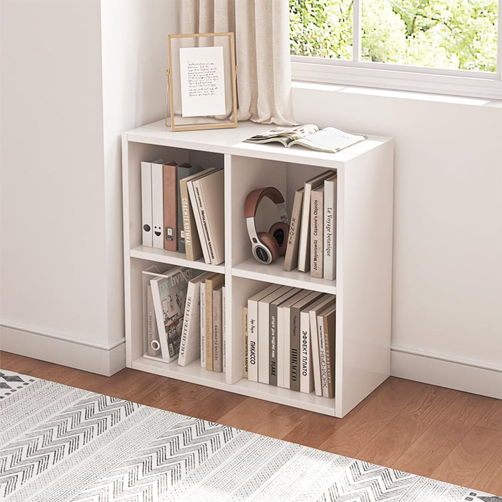 NELYE 4 Cube Organizer Bookcase - Stylish White Fabric Storage Bins with Open Shelves
