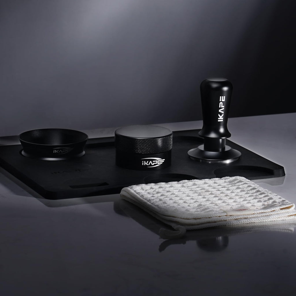 IKAPE 53.3MM Espresso Tamper Kit Black 6 IN 1, Espresso Tool Kit with Coffee Tamper, Distributor, Magnetic Dosing Funnel, Silicone Mat, Puck Screen, Cleaning Towel