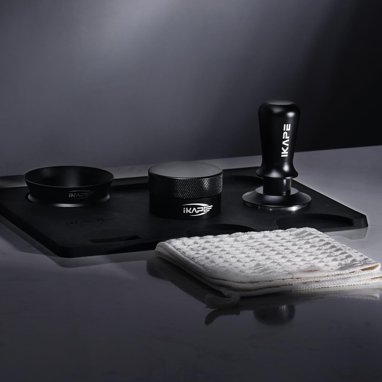 IKAPE 53.3MM Espresso Tamper Kit Black 6 IN 1, Espresso Tool Kit with Coffee Tamper, Distributor, Magnetic Dosing Funnel, Silicone Mat, Puck Screen, Cleaning Towel