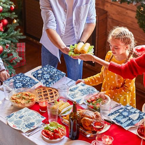 Blue Winter Christmas Napkins 40pcs - Reindeer & Tree Holiday Party Supplies