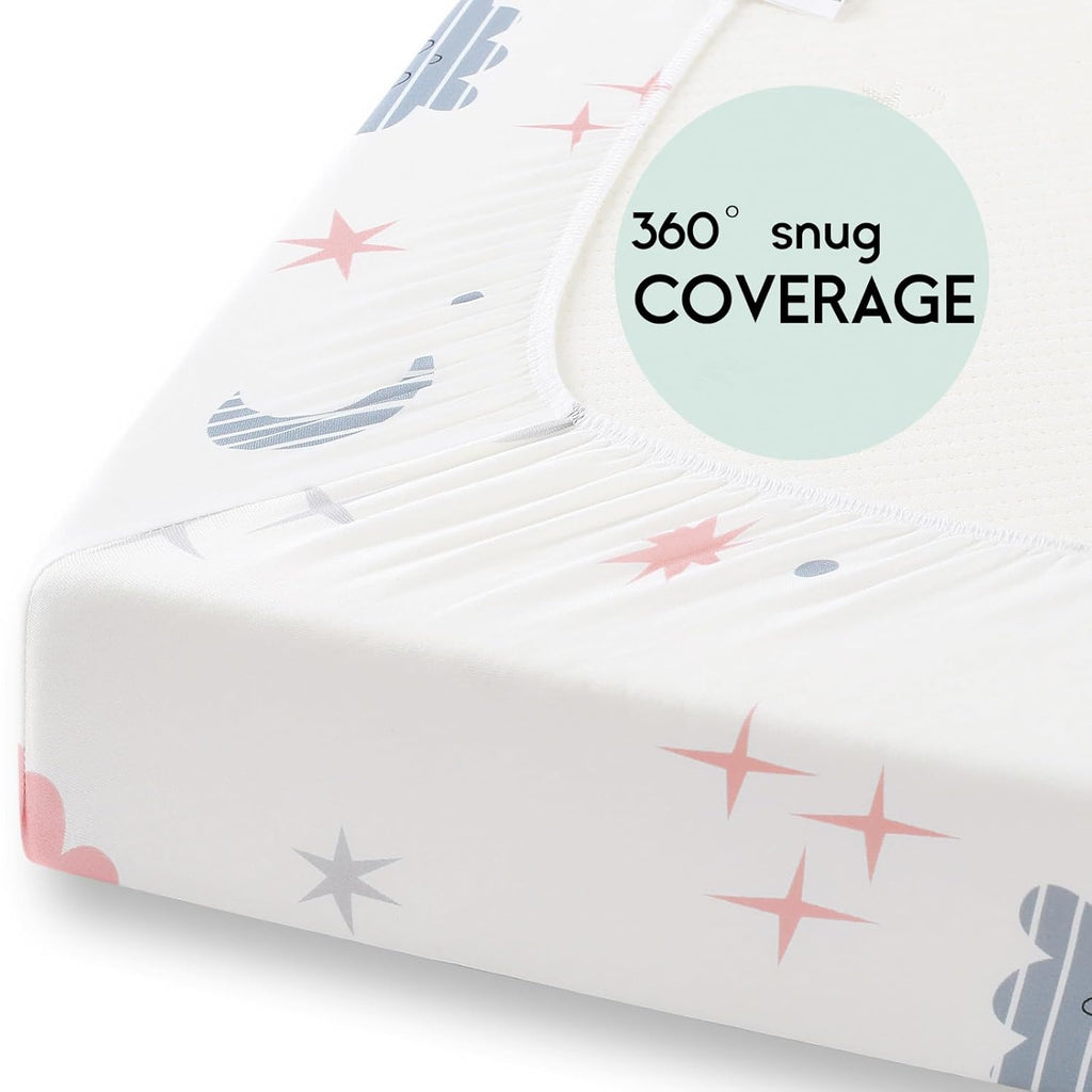 Yoofoss Fitted Pack and Play Sheets - Soft, Stretchy Mini Crib Sheets 2-Pack | Breathable Cloud Design