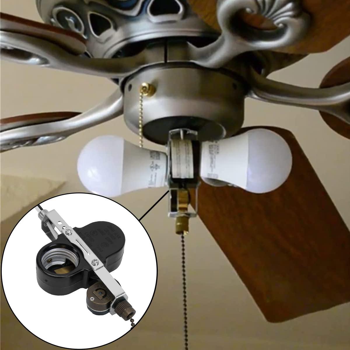 Ceiling Fan Switch ZE-310D Light Socket Pull Chain Switch, Compatible with Hunter Fan, Ceiling Fan Lamp Light, Lamp Holder E95014-Bronze Chain