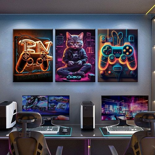 Eysintum Gaming Wall Art - Retro Video Game Controller & Cat Canvas Prints | 12x16in Set of 3 for Boys' Room Decor
