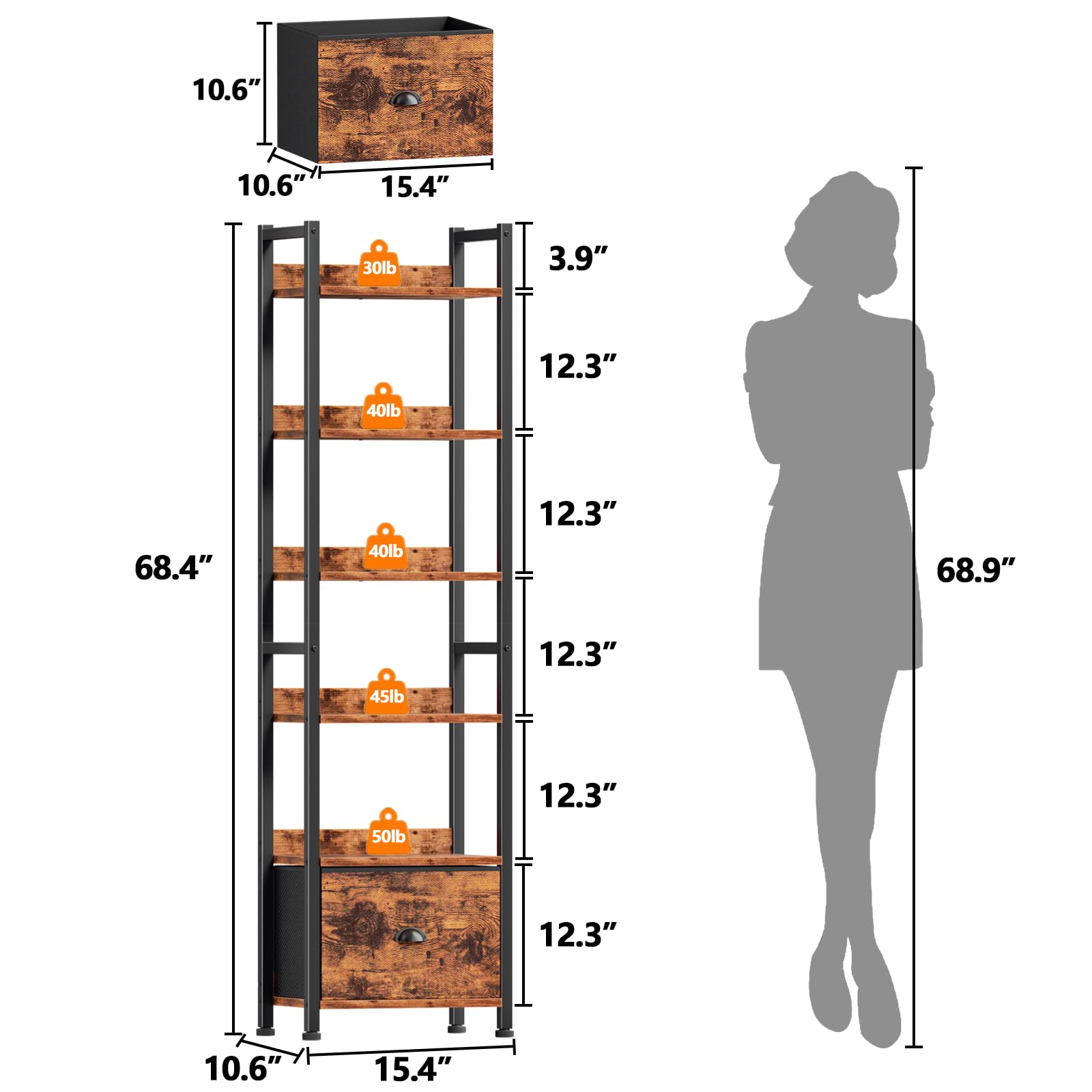 Furologee 6 Tier Bookshelf, Tall Shelf with Drawer, Wood and Metal Bookshelves Storage Organizer, Industrial Display Shelving Unit for Bedroom, Living Room, Home Office, Rustic Brown