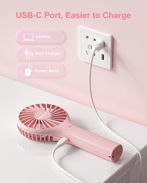TriPole Portable Handheld Fan Mini Personal Fan 3 Speeds, Powerful Little Battery Hand Held Fans for Travel Trip Outdoor Concerts, Cute Small Rechargeable Lash Fans for Makeup Skincare Drying, Pink
