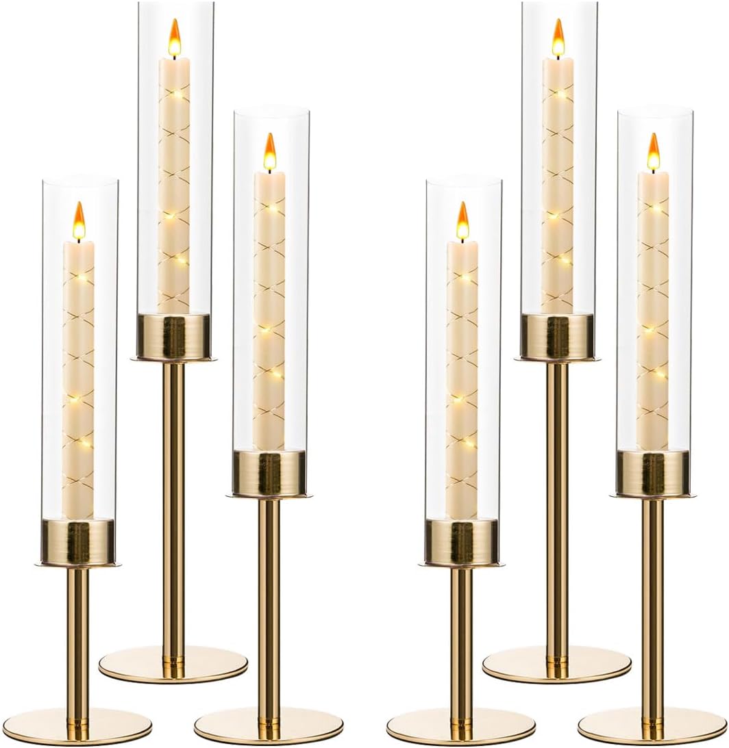 VINCIGANT 6PCS Acrylic Candle Holders - Elegant Metal Tall Holders with Acrylic Lampshade | Gold Centerpiece for Weddings & Parties