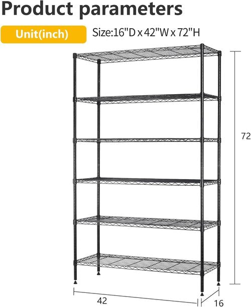 BestOffice | 6-Tier Heavy-Duty Wire Storage Shelves | 42x16x72 | Black | Adjustable Racks | Easy No-Tool Assembly