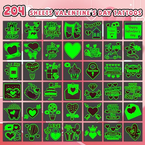 EMOME 204 PCS Glow in the Dark Valentine Temporary Tattoos for Kids