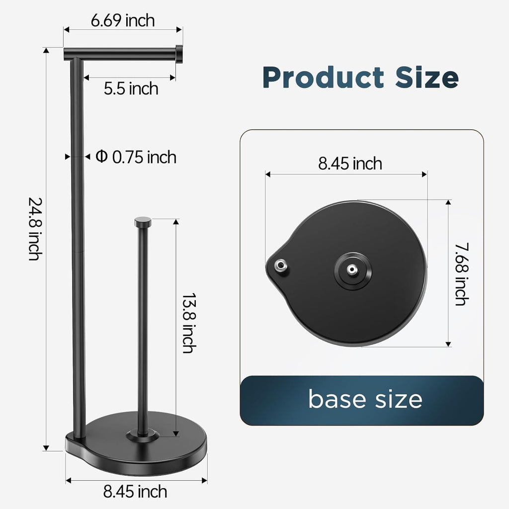 Theaoo Heavy-Duty Toilet Paper Holder Stand - Modern Freestanding Stainless Steel Tissue Roll Holder | Black