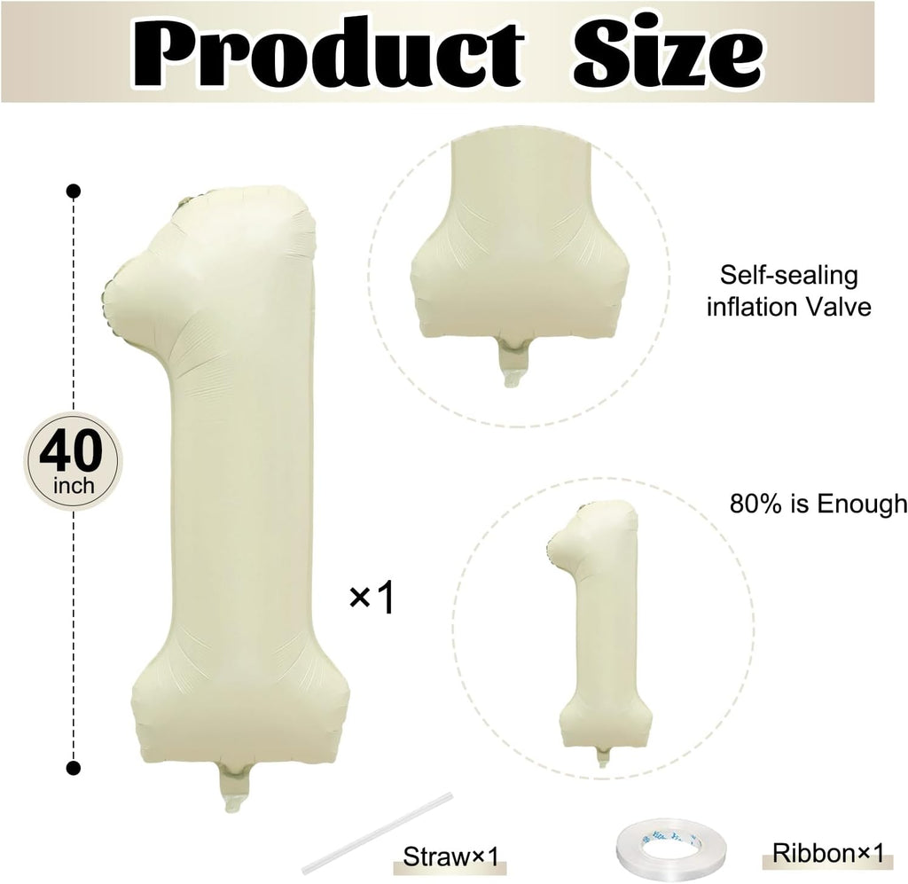 Skiennix 40-Inch Beige Number 1 Balloon - Large Cream White Foil for 1st Birthday Decorations