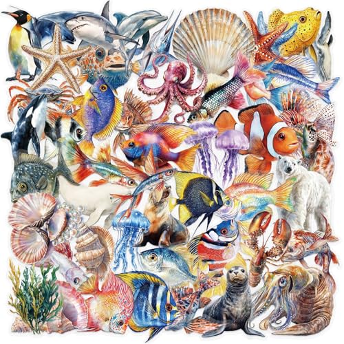 50 Pcs Marine Life Stickers Waterproof Sea Animal Decals for Water Bottles