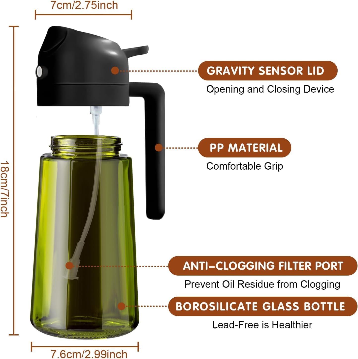 Skiennix 16oz Glass Olive Oil Sprayer - 2-in-1 Dispenser for Cooking, Air Fryer & BBQ (Black)
