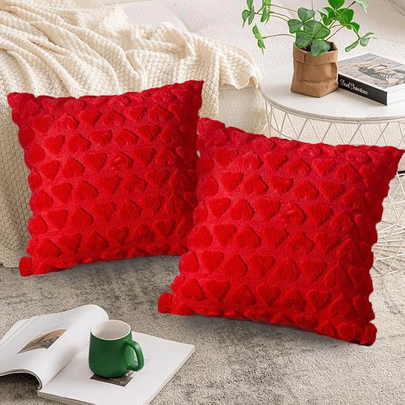 Red 3D Heart Valentine's Day Pillow Covers 18x18, Set of 2 Plush Cases