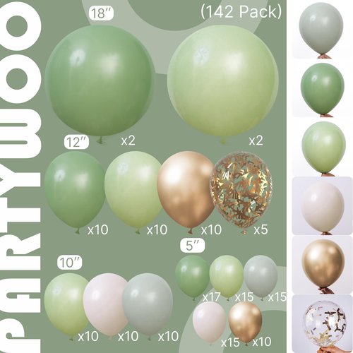 PartyWoo Sage Green Balloon Arch Kit Garland 142pcs Different Sizes of 18 12 10 5 Inch Olive Dusty Boho Green Balloons for Baby Shower Graduation Jungle Woodland Dinosaur Birthday Party Decorations
