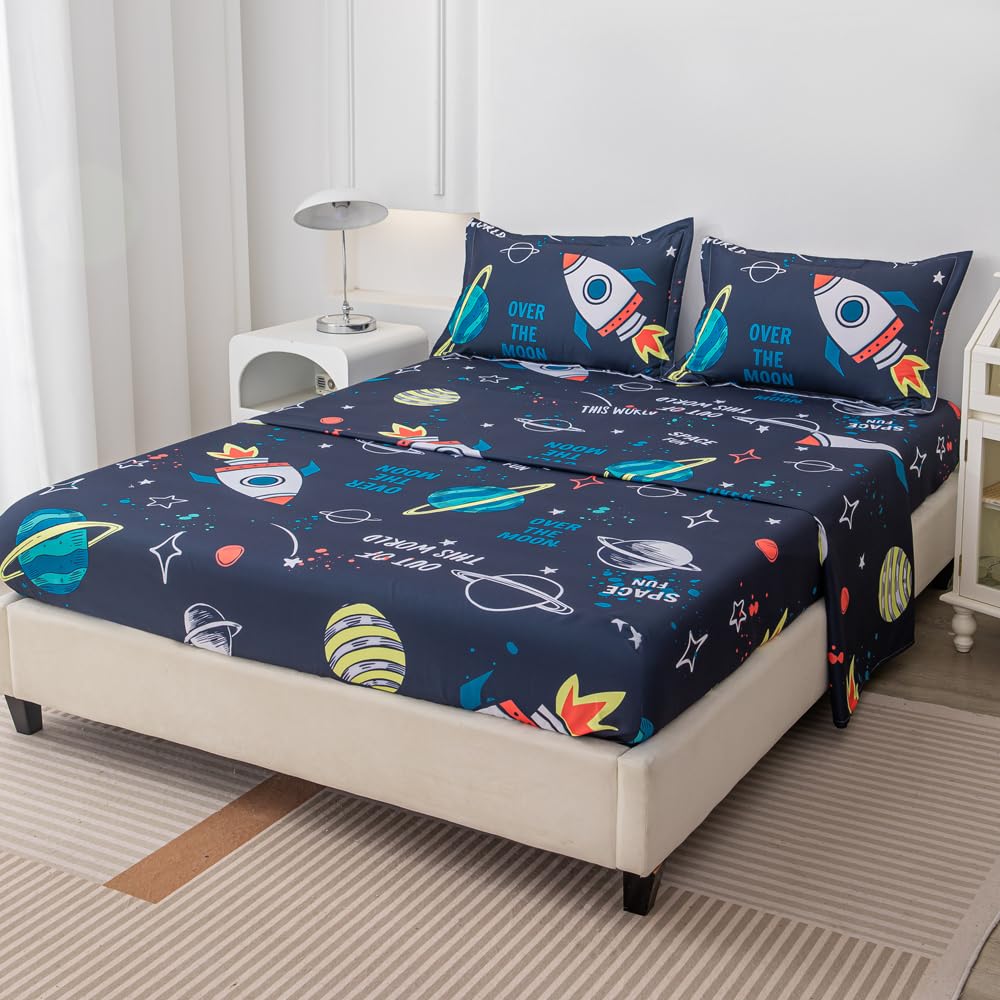 Megamayga Space Sheets Queen Size for Boys Kids 4 Pieces Outer Space Bed Sheets 3D Space Rocket Planets Bedding Set for Teens Boys Space Theme Bedding Set Galaxy Stars Bed Sheet Set Room Home Decor