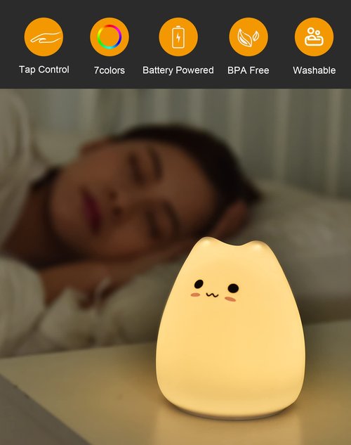 Lueudu LED Cat Night Light, Battery Powered Night Light for Kids, Silicone Multicolor Cute Lamp with Warm White and 7-Color Breathing Mode, Christmas Gifts for Kids, Baby, Children, Lady (Cute Cat)