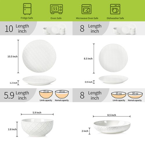 Sureasy Ceramic Dinnerware Set for 4-16 Pieces Embossed Plates and Bowls Sets, Scratch Resistant Dish Set, Microwave, Oven & Dishwasher Safe, White