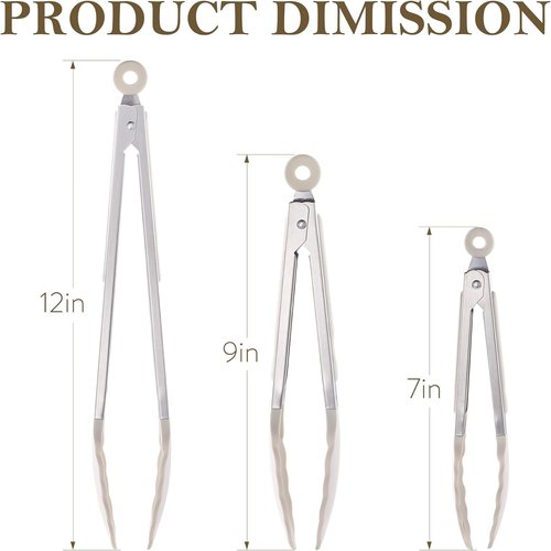 CAROTE Kitchen Tongs Set - Heat Resistant Stainless Steel with Non-Scratch Silicone Tips | 3 Sizes (7", 9", 12")