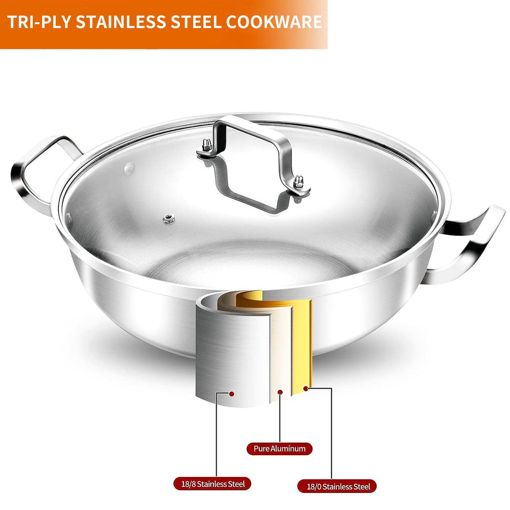 Delarlo Tri-Ply Stainless Steel 12 inch Everyday Pan with Glass Lid, Deep Saute Pan, Kitchen Everything Pan, High Side Chef's Pans, Induction Cooking Pot, Dishwasher Safe, 4QT Stock Pot Up To 600℉