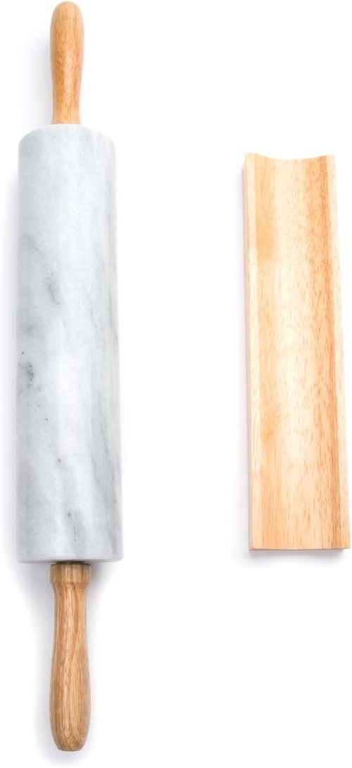Fox Run Marble Rolling Pin - Polished Design with Wooden Cradle | 10-Inch Barrel, White