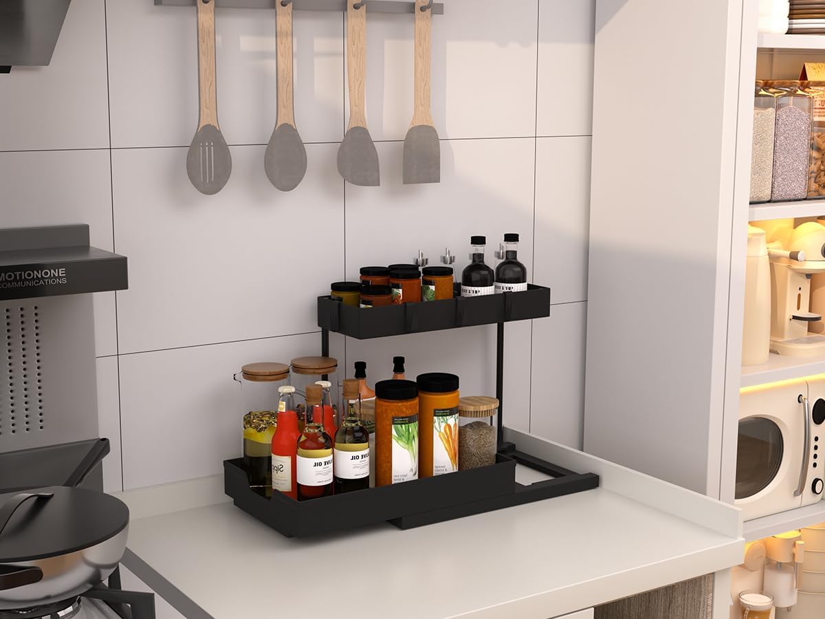 Nature's Source Under Sink Organizer - 2 Tier Sliding Cabinet Storage Baskets | L-Shape Design, Black