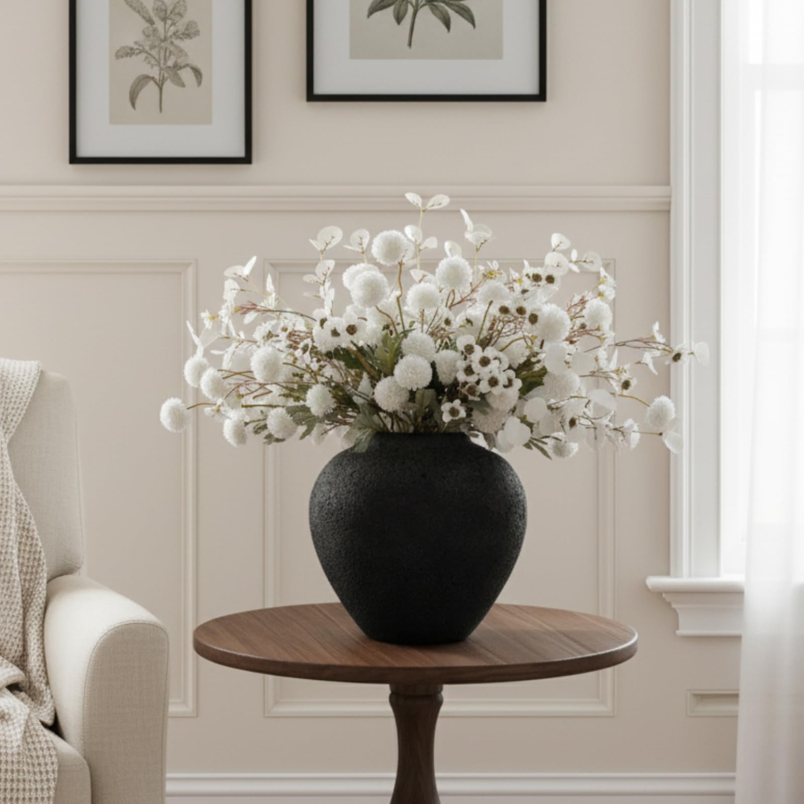 Black Large Round Vase Pottery Look for Home Decor, Arina Black Rustic Iron Vase Modern Farmhouse, Console Table Decor, Earthy Textured Metal Big Black Round Vases for Centerpieces, Jarrones Grandes