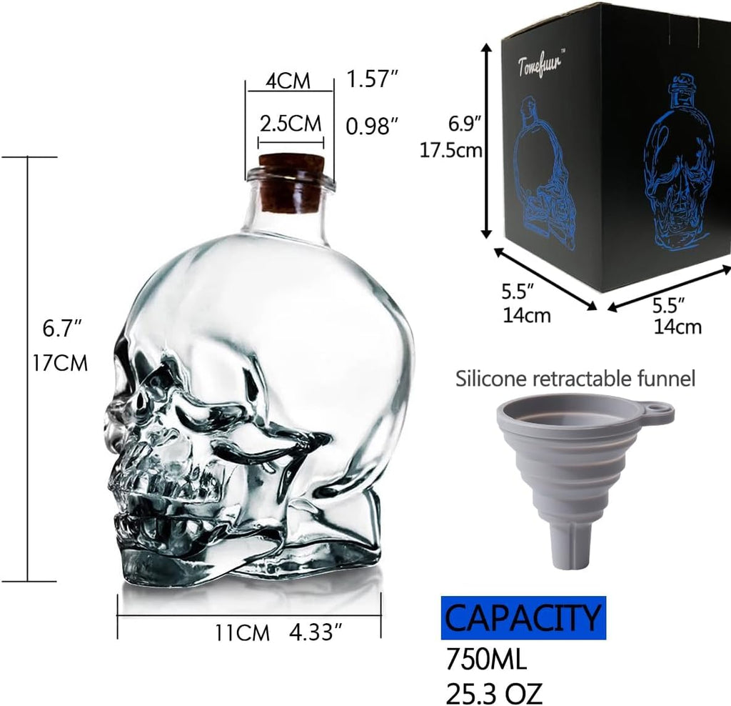 Skiennix Skull Decanter - Lead-Free Glass with Cork Stopper | Perfect Halloween Decor & Whiskey Gift (750ML)