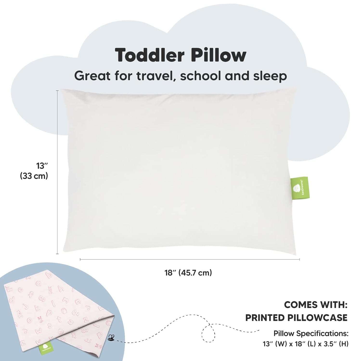 My Little Dreamy Toddler Pillow - Organic Cotton Travel Bed Pillow with Case, Soft & Breathable, 13x18 (ABC Land Rose)