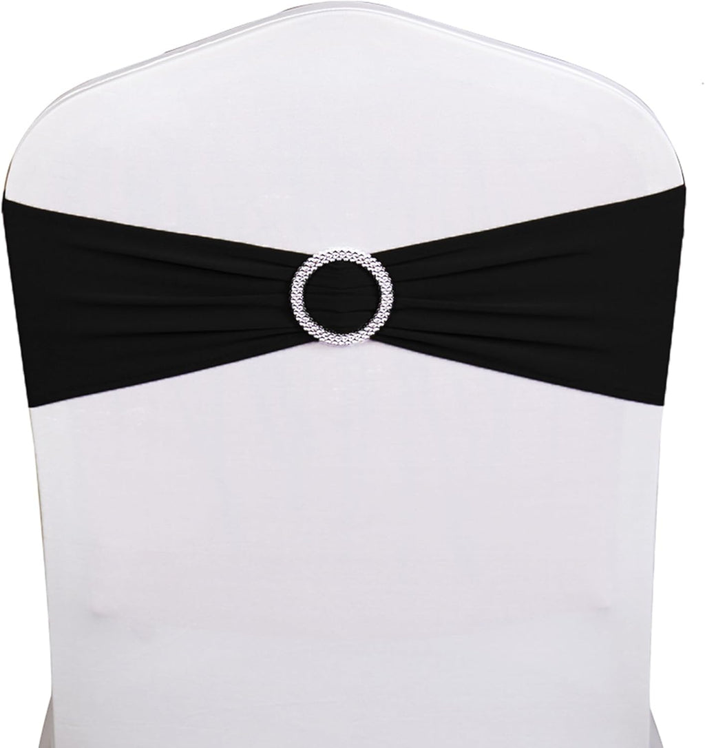 Skiennix 50 Pack Black Spandex Chair Sashes - Elegant Buckles for Weddings & Events | Versatile Decorations