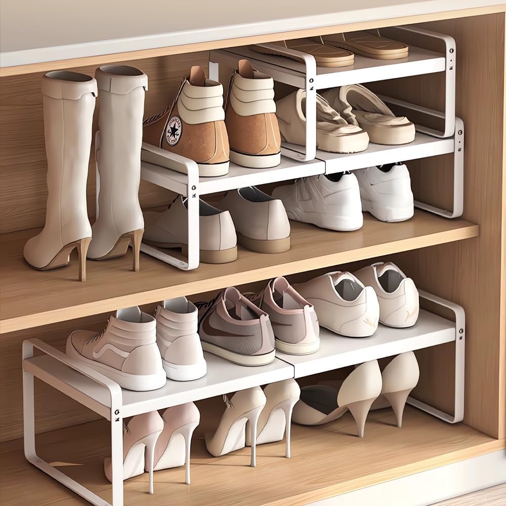 Skiennix Expandable Metal Shoe Rack - Heavy-Duty Free-Standing Shelf | Adjustable Width 14.9"–23.6" for Closets & Entryways