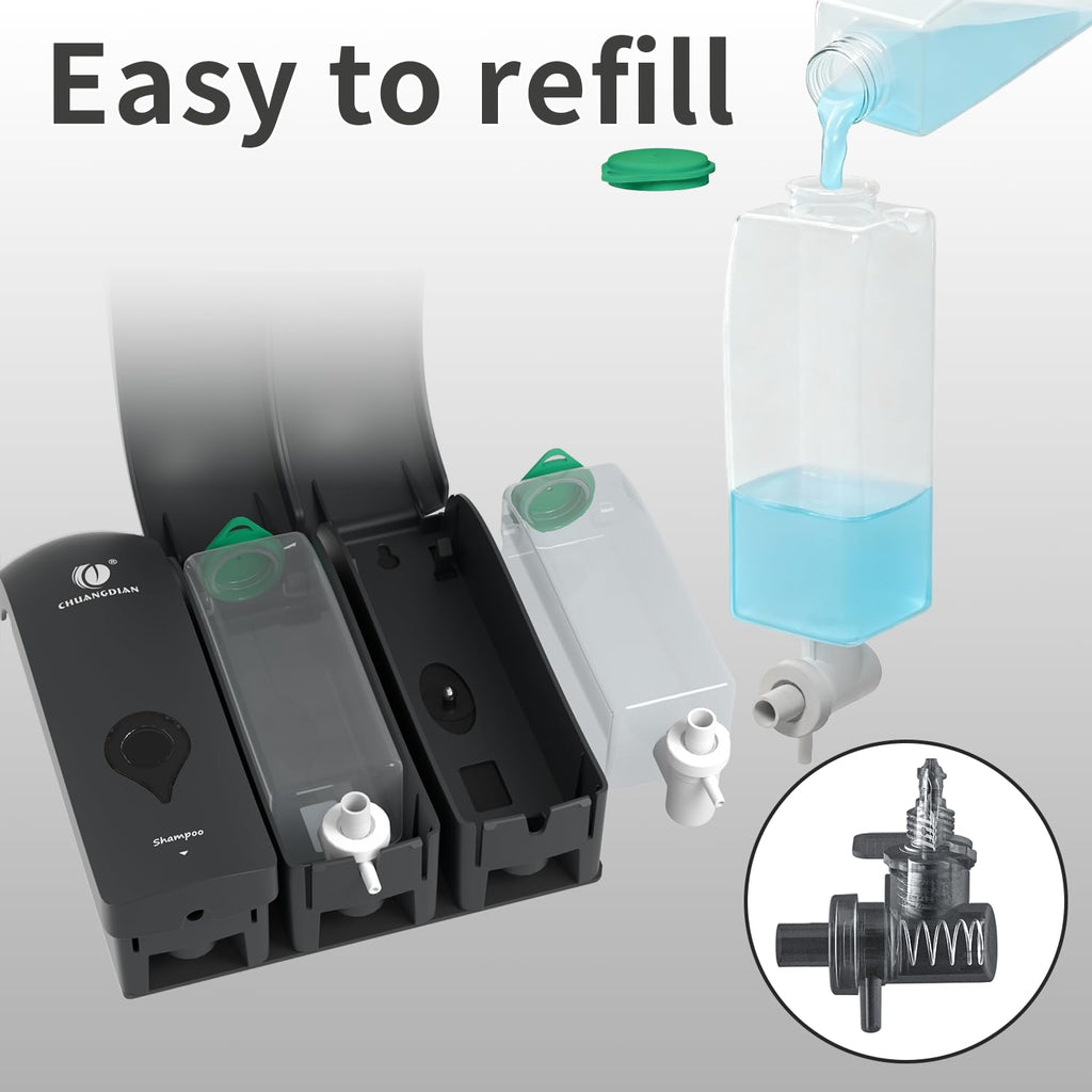CCITOW Shampoo Conditioner Body Wash Dispenser, Wall-Mounted Bathroom Soap Dispenser Set of 3 (Black), Refillable Shower Soap Shampoo Dispenser for Bathroom,Kitchen,Hotel and Airbnb
