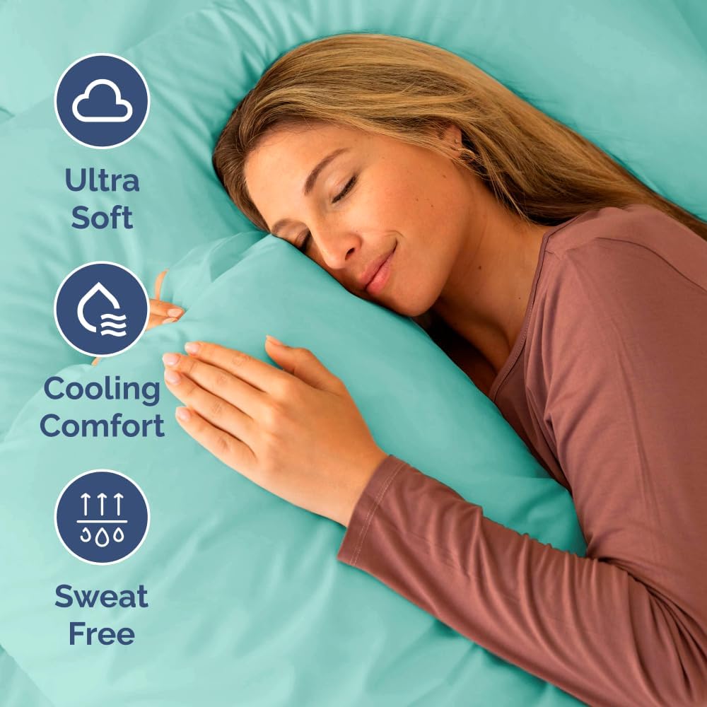 Skiennix Short Queen Size 4-Piece Sheet Set - Soft, Breathable & Cooling Bedding with Deep Pockets - Oeko-Tex Certified - Spa Blue
