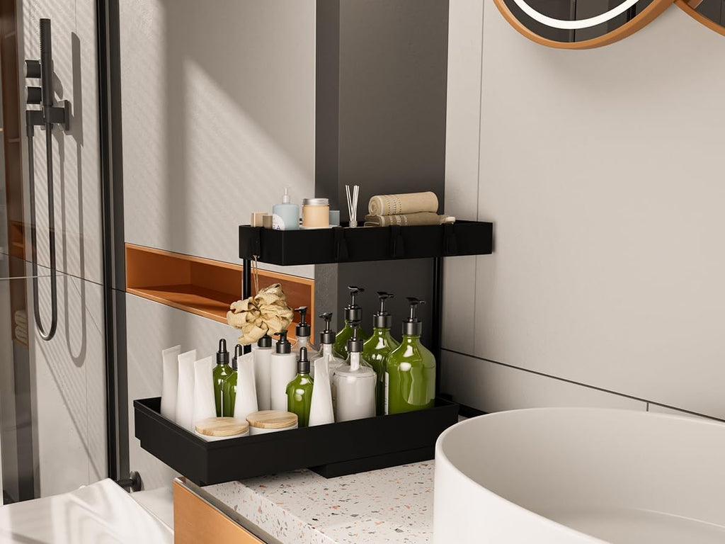 Nature's Source Under Sink Organizer - 2 Tier Sliding Cabinet Storage Baskets | L-Shape Design, Black