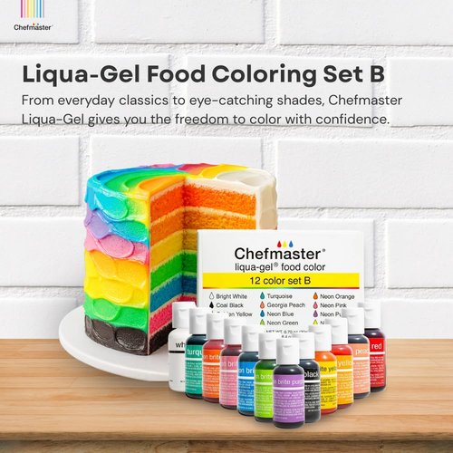 Chefmaster - Liqua-Gel Food Coloring - 12 Vibrant Colors Set - Fade Resistant & Easy to Blend - Made in the USA