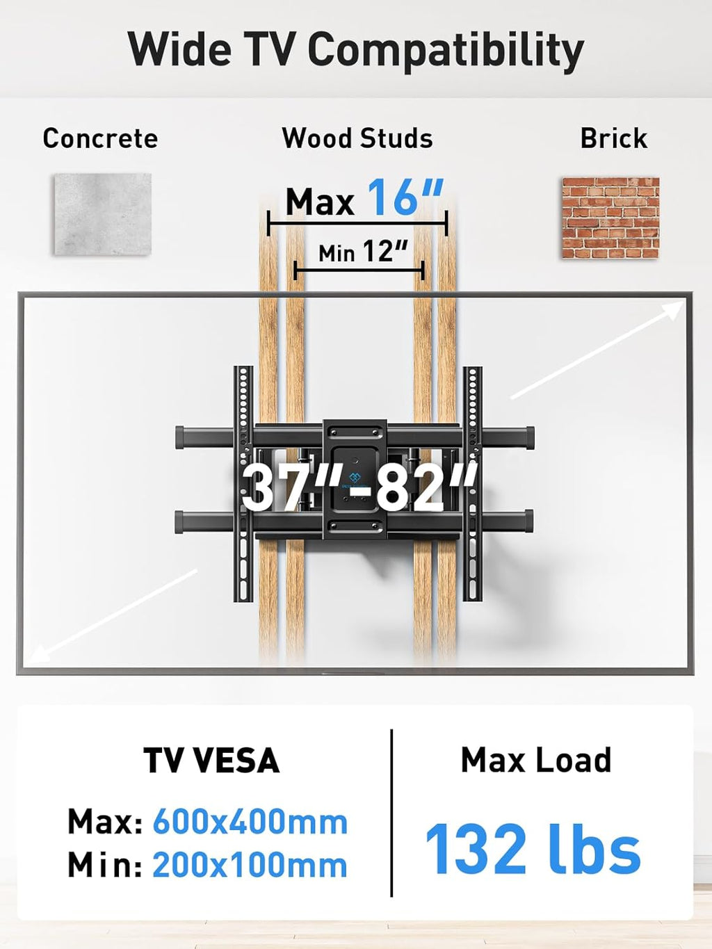 Perlesmith Full Motion TV Wall Mount - Fits 37-82 Inch TVs Up to 132 lbs | Dual Articulating Arms, Tilt & Extension