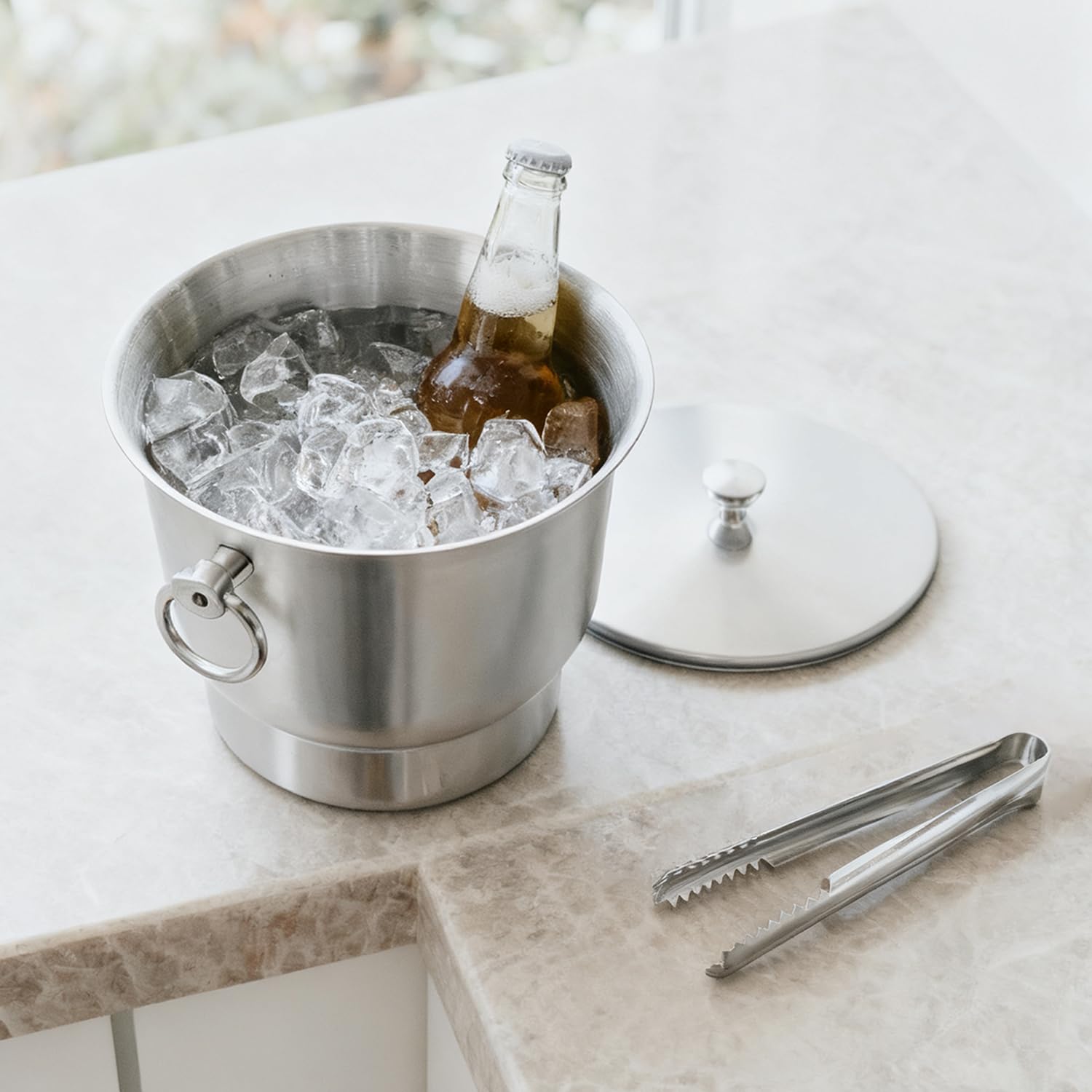 Fortune Candy Insulated Ice Bucket, 3.3 L, Double Walled 18/8 Stainless Steel Ice Bucket with Ice Tongs and Lid