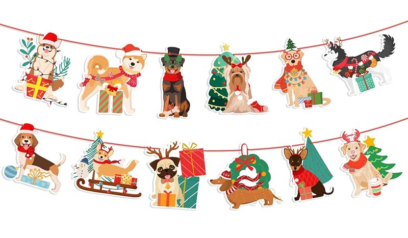 Dog Christmas Banner Garland - 4.9ft Puppy Themed Holiday Decor