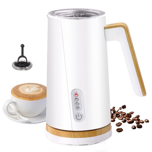 Electric Milk Frother and Steamer, 4-in-1 Milk Steamer with Wood Elements Design, Automatic Hot & Cold Foam Maker for Latte, Cappuccinos, Macchiato, Milk Warmer, Black (white)