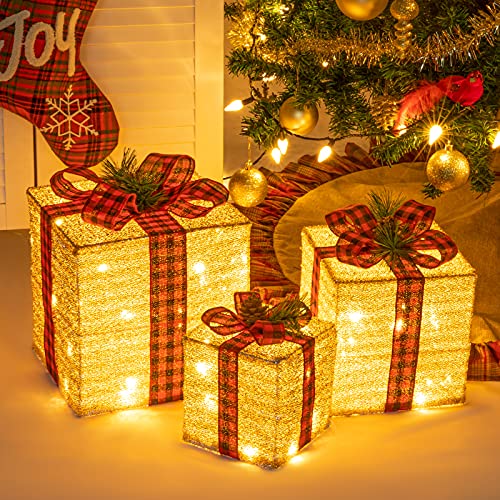 Lighted Christmas Gift Box Set - 3 Decorative LED Holiday Boxes with 8 Modes