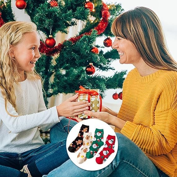 Skiennix Funny Socks - Cozy Cute Printed Santa Design - 4 Pairs for Women & Men