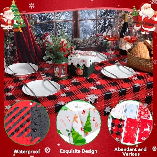VAIPI 12 Pcs Christmas Plastic Tablecloths - Colorful Snowflakes, Tree & Snowman Designs, Rectangular Holiday Party Cover, Various