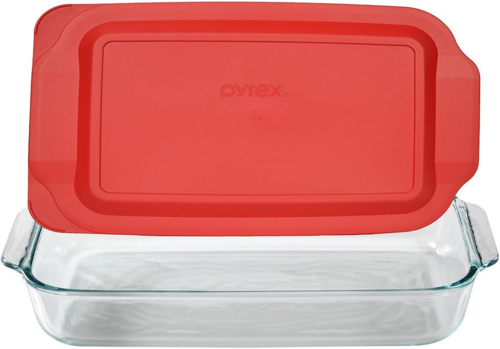 Pyrex 3-Qt Rectangular Glass Baking Dish with Red Food Storage Lid | Ideal for Leftovers & Meal Prep - Made in the USA