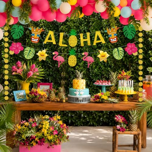 Tropical Aloha Party Banner Set with Gold Glitter Flamingo & Pineapple