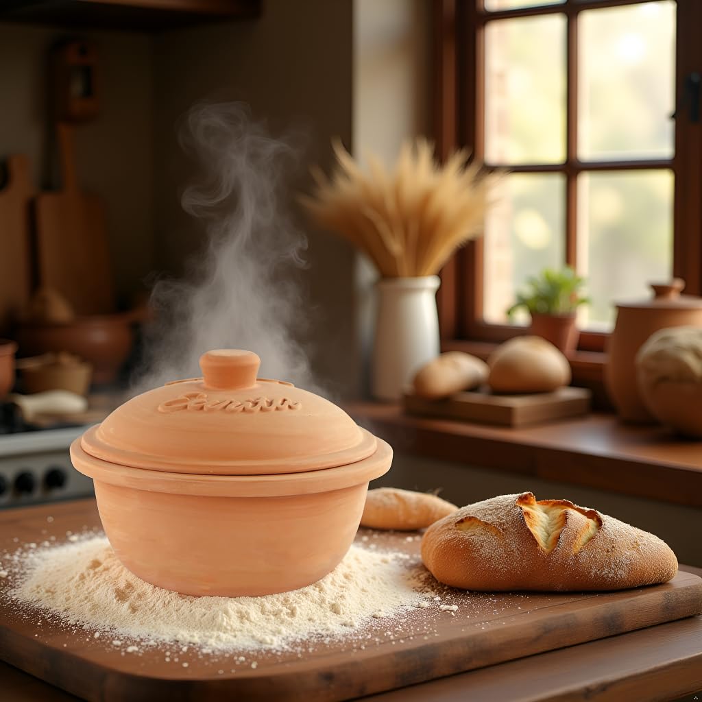 Reston Lloyd Eurita 2 Quart Terracotta Clay Dutch Oven – Natural, Lead‑& Cadmium‑Free, Oven & Microwave Safe, Rustic Slow-Cooker Pot for Sourdough Bread, Roasting & Casseroles, Healthy cooking