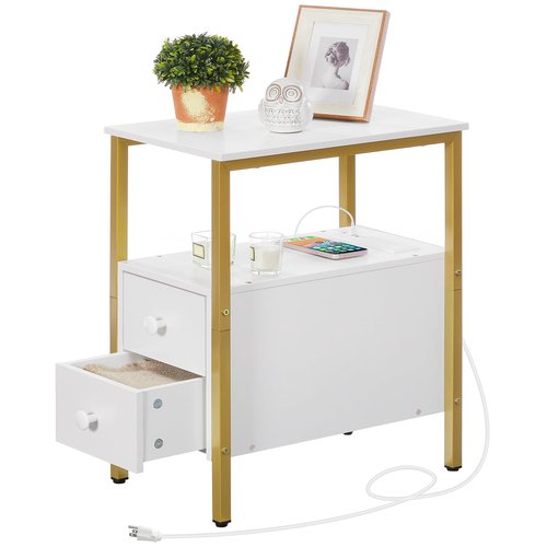 HOOBRO End Table with Charging Station, Narrow Side Table with 2 Drawer & USB Port & Power Outlets, Nightstand for Small Spaces, Stable and Sturdy, for Living Room, Bedroom, Gold and White DW541BZ01