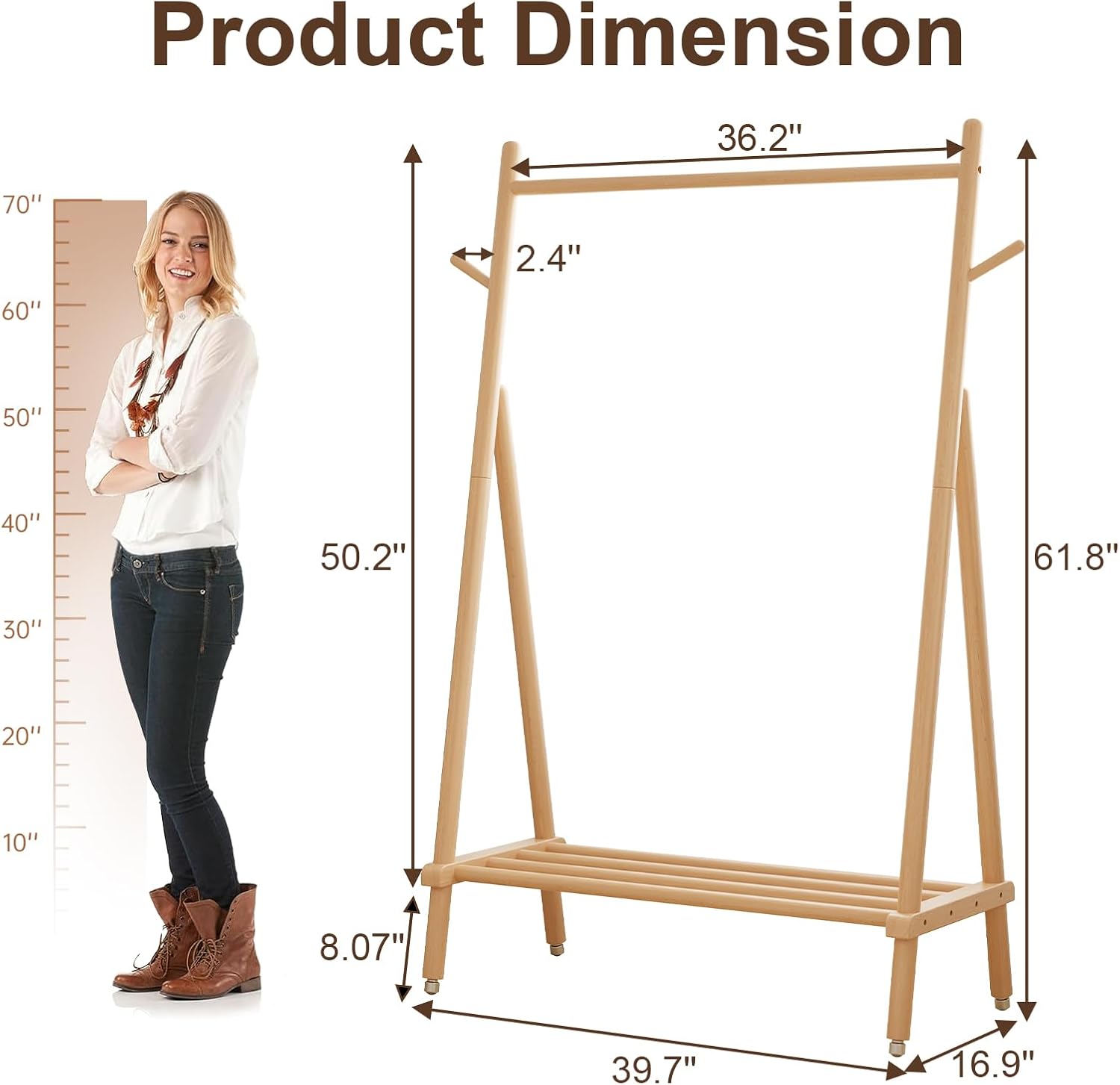 Muwuele Solid Wood Clothing Rack - Portable Rolling Garment Rack with Shelves | 350 Lbs Capacity, Natural Finish
